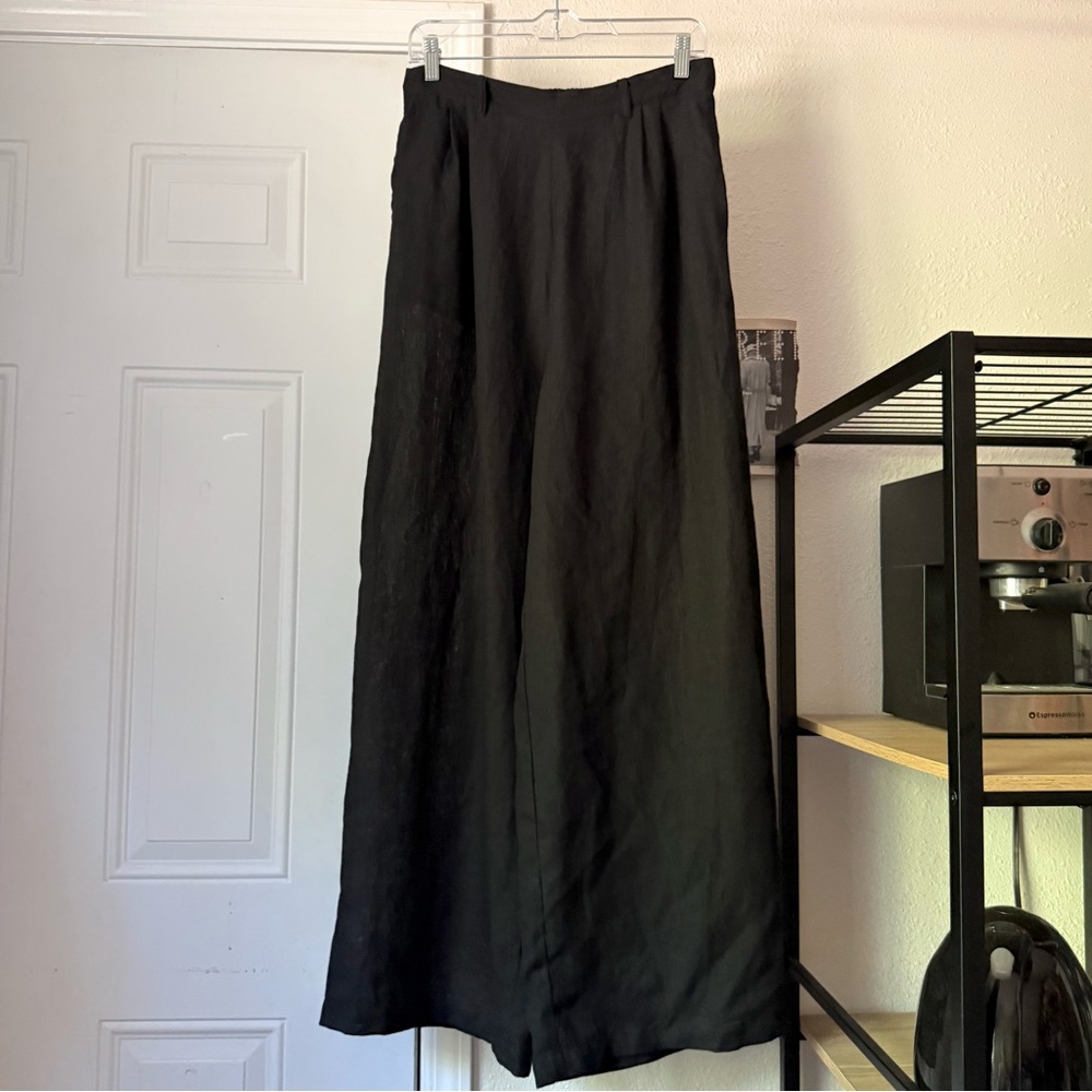 VITAMIN A black linen elastic waist wide leg pants
